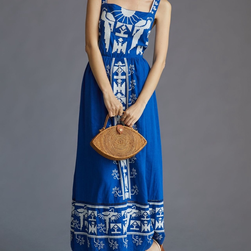 🌀 FARM RIO + ANTHROPOLOGIE Blue Macaw Embroidered Maxi Dress 🌀LARGE🌀NWOT